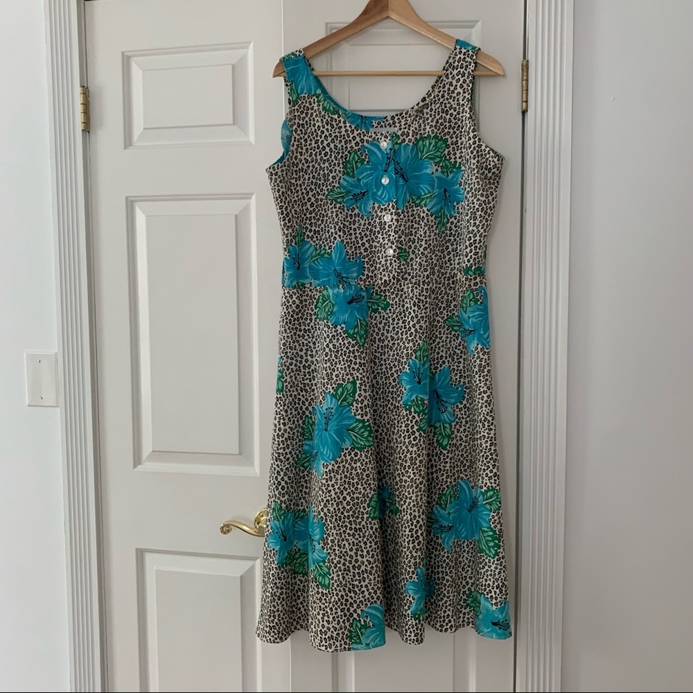 VTG leopard blue floral dress size 10 M L Lady Page Susan Page USA
